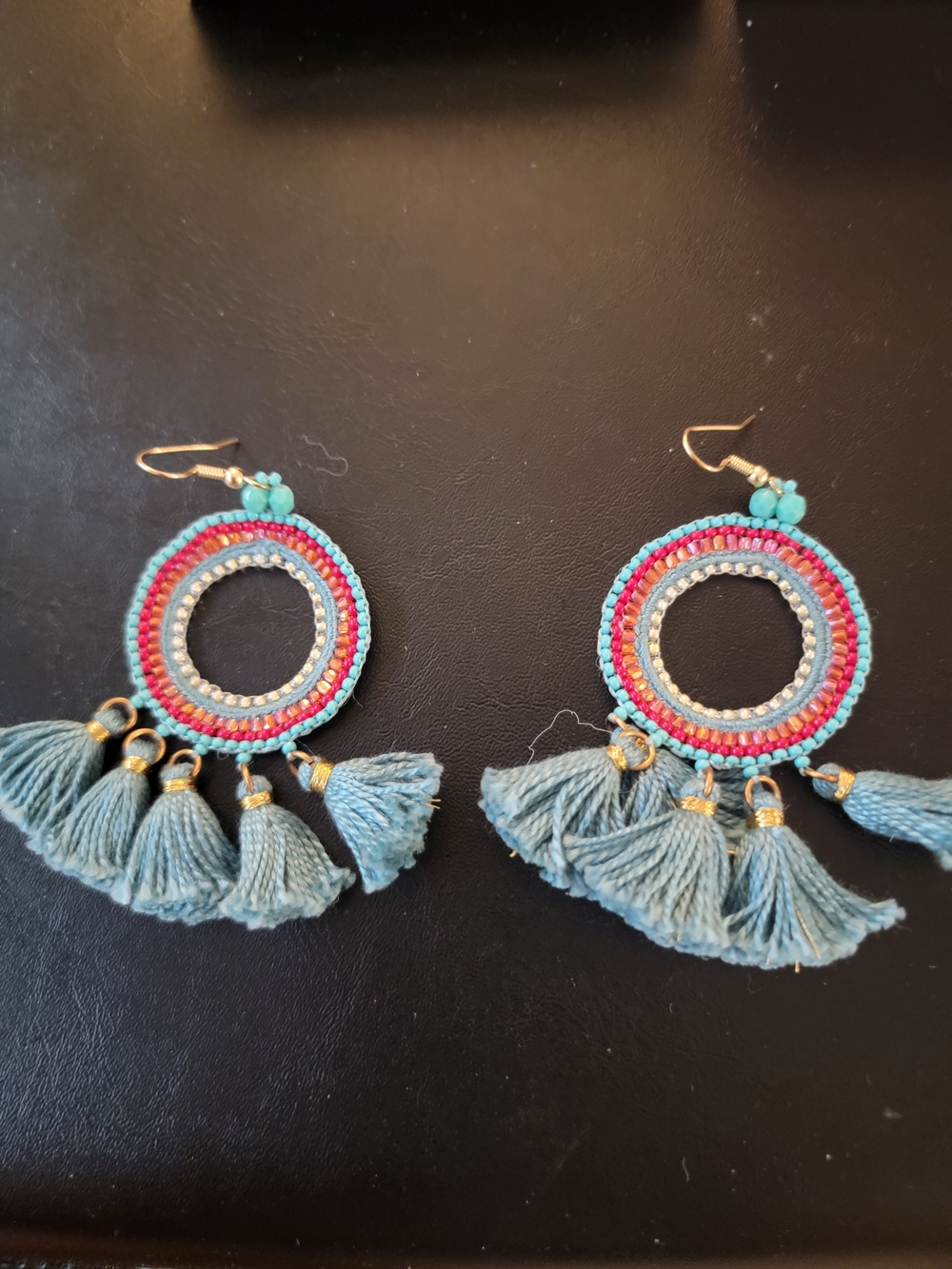 Hand Crafted Turquoise and Pink Tassel Hoop Earrings